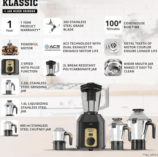 Havells Klassic 1000 watts 4 Jar Mixer Grinder I 2.5 Kg Double Ball Bearing Copper Motor I 22000 RPM I 100 Minutes Run Time I Metal Teeth Coupler & Jar Base I Polycarbonate Jar, Lids with Lock (Grey)