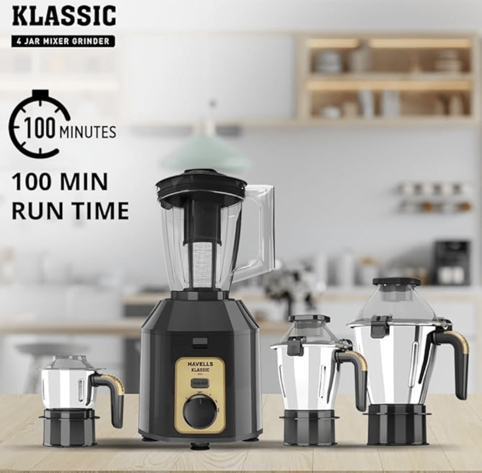 Havells Klassic 1000 watts 4 Jar Mixer Grinder I 2.5 Kg Double Ball Bearing Copper Motor I 22000 RPM I 100 Minutes Run Time I Metal Teeth Coupler & Jar Base I Polycarbonate Jar, Lids with Lock (Grey)
