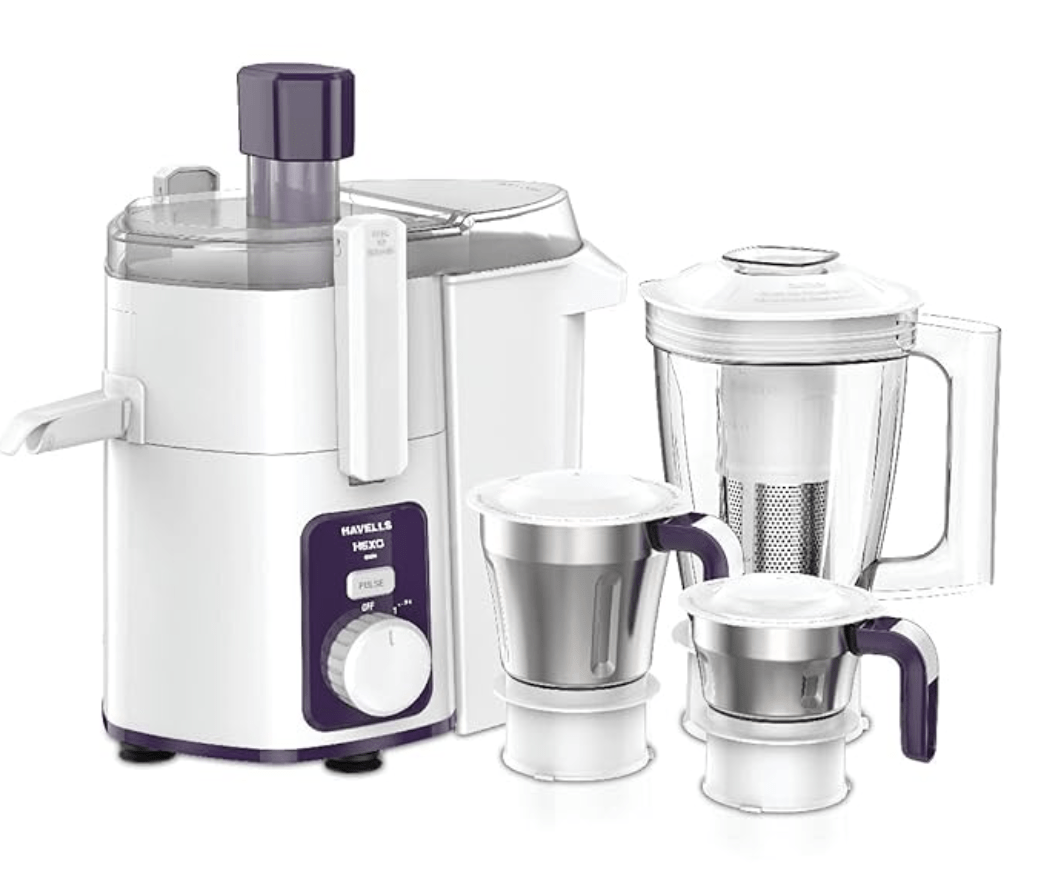 Havells Hexo 1000 watts 3 Jar Juicer Mixer Grinder with 2.5 Kg 100% Ball Bearing Copper Motor ,22000 RPM, 2Ltr Polycarbonate Jar, Metal Teeth Coupler & 2 Years Warranty (White & Purple)