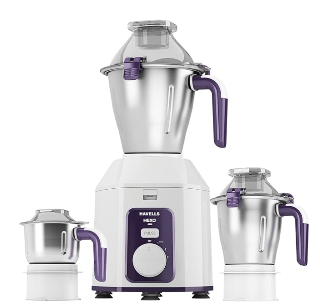 Havells Hexo 1000 watts 3 Jar Mixer Grinder I 2.5 Kg Double Ball Bearing Copper Motor I 22000 RPM I 100 Minutes Run Time I Metal Teeth Coupler & Jar Base I Polycarbonate Jar Lids with Lock (White)