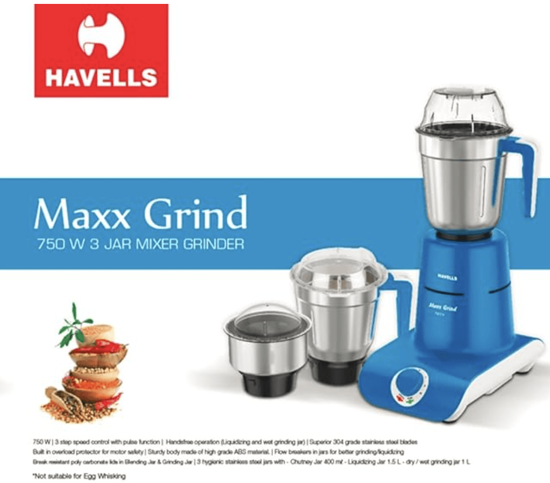 Havells Maxx Grind 750 watt Mixer Grinder with 3 Wider Mouth Stainless Steel Jar, Hands Free Operation, SS-304 Grade Blade, Overload Indicator & 5 Year Motor Warranty (Blue).