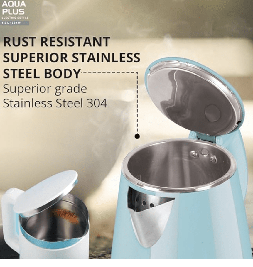 Havells Electric Kettle Aqua Plus 1250 Watts 1.2 liters , Double Layered Cool Touch Outer Body | 304 Rust Resistant SS Inner Body with Auto Shut Off | Wider Mouth | 2 Yr Manufacturer Warranty (Blue)