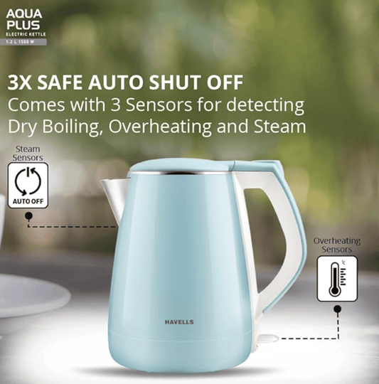 Havells Electric Kettle Aqua Plus 1250 Watts 1.2 liters , Double Layered Cool Touch Outer Body | 304 Rust Resistant SS Inner Body with Auto Shut Off | Wider Mouth | 2 Yr Manufacturer Warranty (Blue)