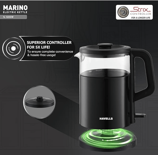 Havells MARINO Low Noise Glass Electric Kettle 1L|1200W Borosilicate Glass inner & Cool Touch Outer Body| Detachable LID|304 Rust Resistant SS Base|2 Yr Manufacturer Warranty (Black)