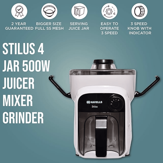 Havells Stilus 500 Watt Juicer Mixer Grinder 4 Jar With 3 Speed Led Indication,Big Size Pulp Container,Juicer Jar With Fruit Filter&Sliding Spout,1 Ltr Transparent Serving Jar(White/Black)500 Watt