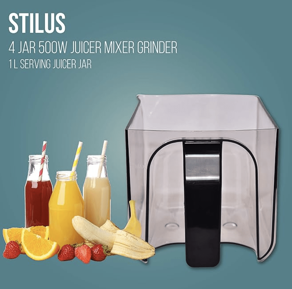 Havells Stilus 500 Watt Juicer Mixer Grinder 4 Jar With 3 Speed Led Indication,Big Size Pulp Container,Juicer Jar With Fruit Filter&Sliding Spout,1 Ltr Transparent Serving Jar(White/Black)500 Watt