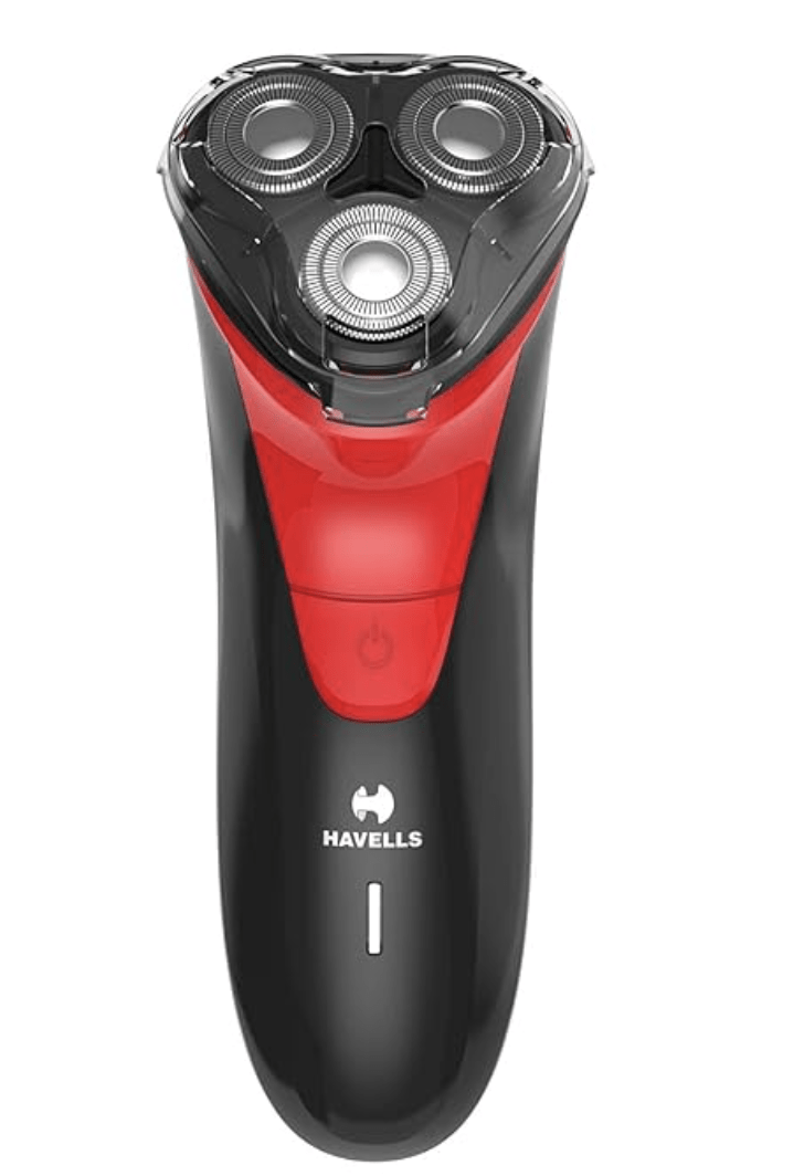 Havells RS7005-3 Head Rotary Shaver with Built in pop-up Trimmer for Wet & Dry Shave; IPX7 Waterproof; Protection from cuts (Black & Red)