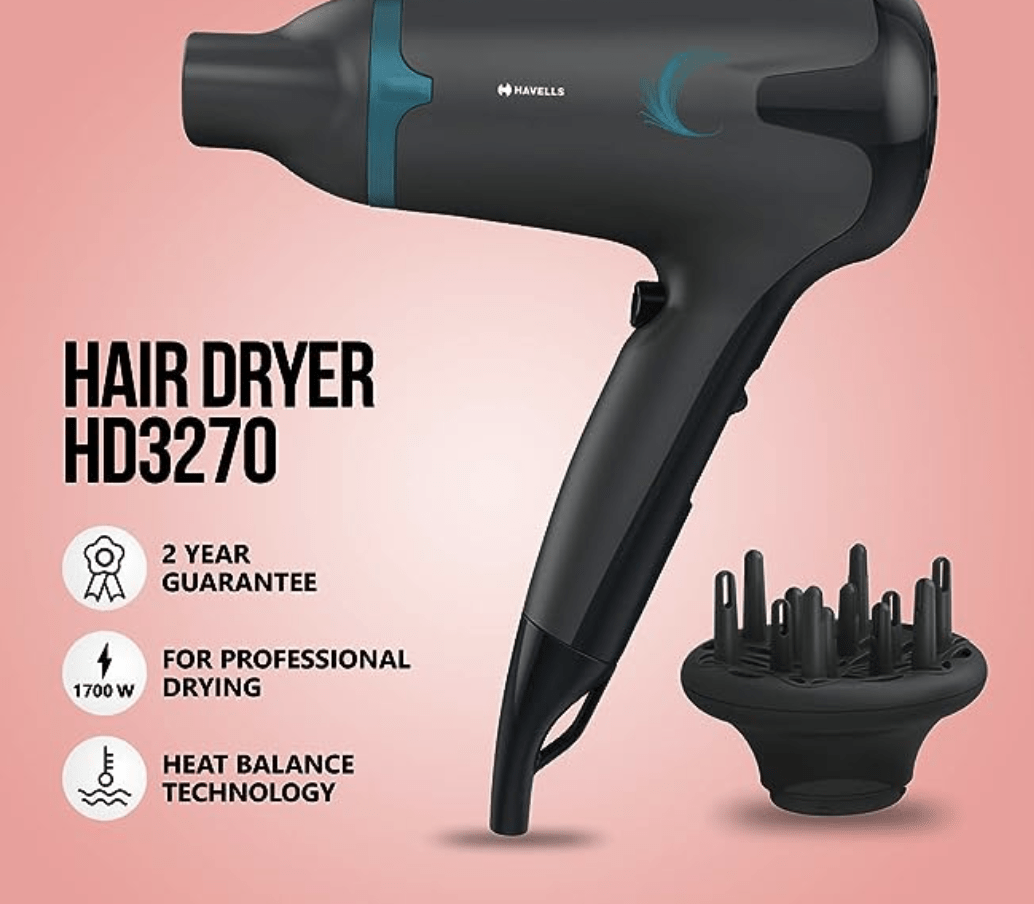 Havells 1700W 2-in-1 Hair Dryer with Diffuser and Thin Concentrator | 2 Heat Settings (Hot/ Warm) | Heat Balance Technology | Midnight Black | Perfect Blow dry companion for Effortless Hair Styling | HD3270