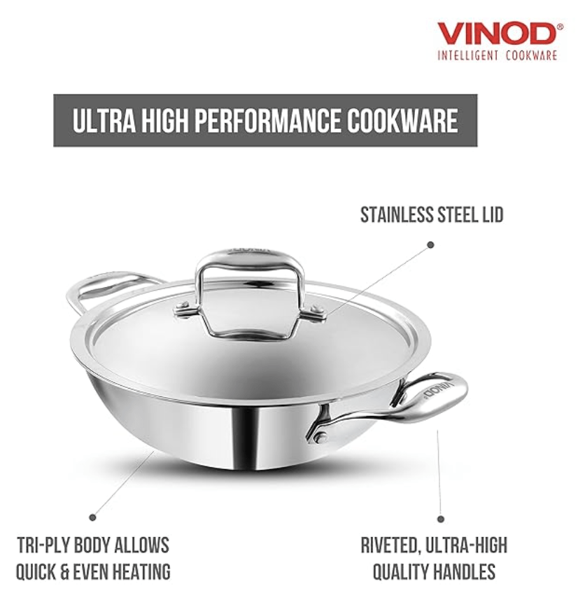 Vinod Platinum Triply Stainless Steel Kadai with lid 2.5 Litre (24 cm Dia) | 2.5mm Thick | 3 Layer Stainless Steel Cookware | 5 Year Warranty | Induction & Gas Base | Heavy Base