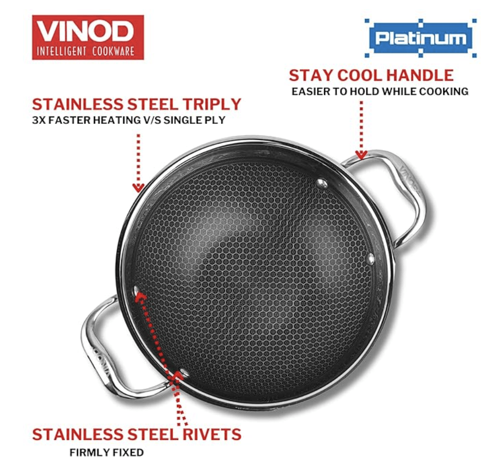 Vinod SAS Pro Platinum Triply Stainless Steel Non Stick Kadhai with Lid - 1.8 Litre, 22 cm | Ceramic Coating | Honeycomb Design Induction Base - 5 Year Warranty