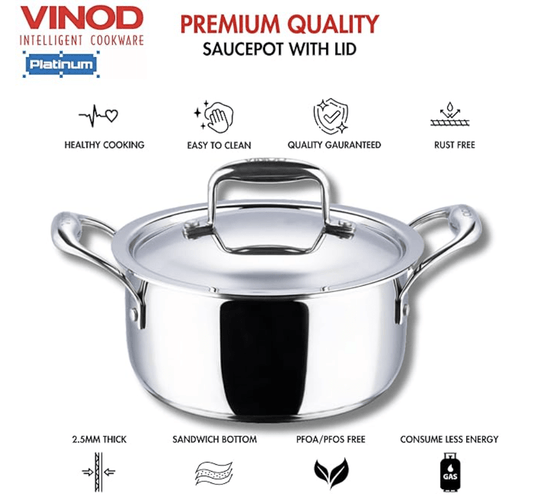 Vinod Platinum Triply Stainless Steel Saucepot with Lid - 3 Litre, 20 cm | 2.5mm Thick | SAS Bottom | Biryani Pot | Induction and Gas Base | 5 Year Warranty - Silver