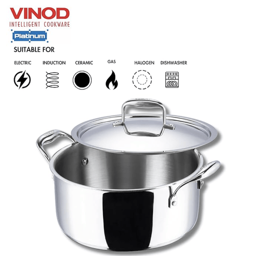 Vinod Platinum Triply Stainless Steel Saucepot with Lid - 5 Litre, 24 cm | 2.5mm Thick | SAS Bottom | Biryani Pot | Induction and Gas Base | 5 Year Warranty - Silver