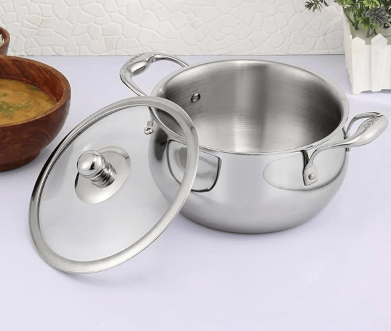 Vinod Belly Shape Platinum Triply Stainless Steel Saucepot - 2 Litre, 16cm | Glass Lid | Biryani Pot | Rivetted Handle | Induction & Gas Base - 5 Year Warranty