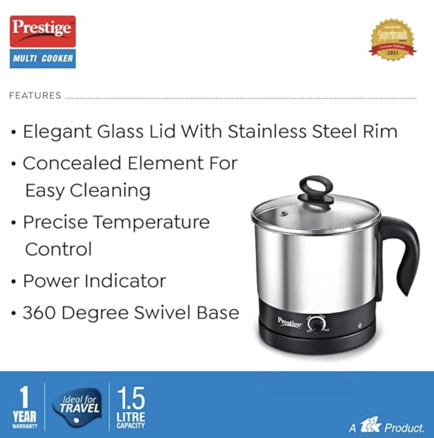Prestige 1.5L PMC 3.0 Plus Multi Kettle/Multi Cooker|Comes with Idli stand, egg boiling rack & Steamer| Glass Lid with Stainless Steel rim|Temperature Control |Power Indicator (Silver, Black)