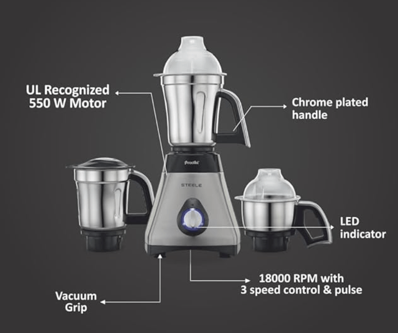 ப்ரீத்தி ஸ்டீல் 110 V, MG-206, 550 வாட், 3 ஜாடிகள், டர்போவென்ட் தொழில்நுட்பம், 2 வருட தயாரிப்பு உத்தரவாதம் (வெள்ளி/கருப்பு)