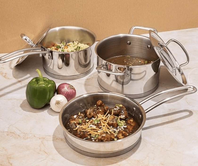 Vinod Classic Deluxe Stainless Steel Cookware Combo Set of 3 Pcs | Saucepan, Saucepot and Frypan | Extra Deep, Riveted Handles | Induction Base | 2 Year Warranty