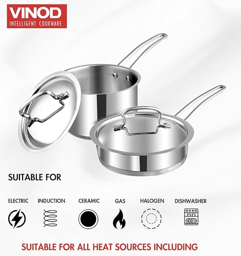 Vinod Classic Deluxe Stainless Steel Cookware Combo Set of 2 Pcs | Saucepan 2.1 Litre (16cm), Frypan (20cm) | Extra Deep, Riveted Handles | Induction Base | 2 Year Warranty