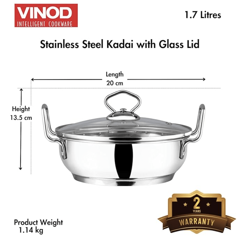 Vinod Stainless Steel Kadhai with Glass Lid - 1.7 litre, 20cm | Extra Thick, SAS Heavy Bottom | Kadai for Cooking | Induction and Gas Base | 2 Year Warranty - Silver