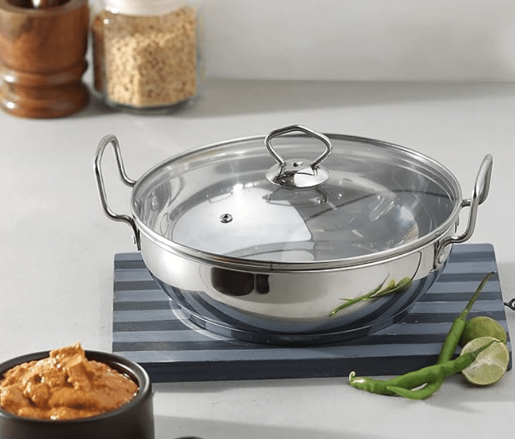 Vinod Stainless Steel Kadhai with Glass Lid - 1.4 litre, 18cm | Extra Thick, SAS Heavy Bottom | Kadai for Cooking | Induction and Gas Base | 2 Year Warranty - Silver