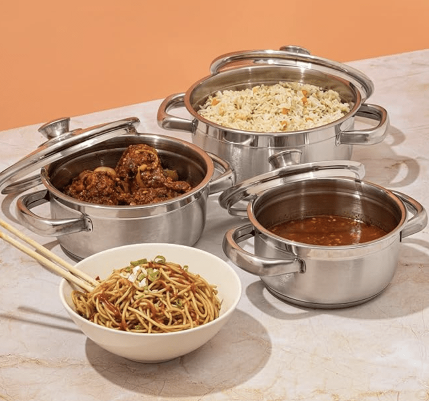 Vinod Bremen Stainless Steel Saucepot Set of 3 with Glass Lid | 2.5mm Thick Base | Riveted Sturdy Handle | 2 Year Warranty | Induction and Gas Base - Silver