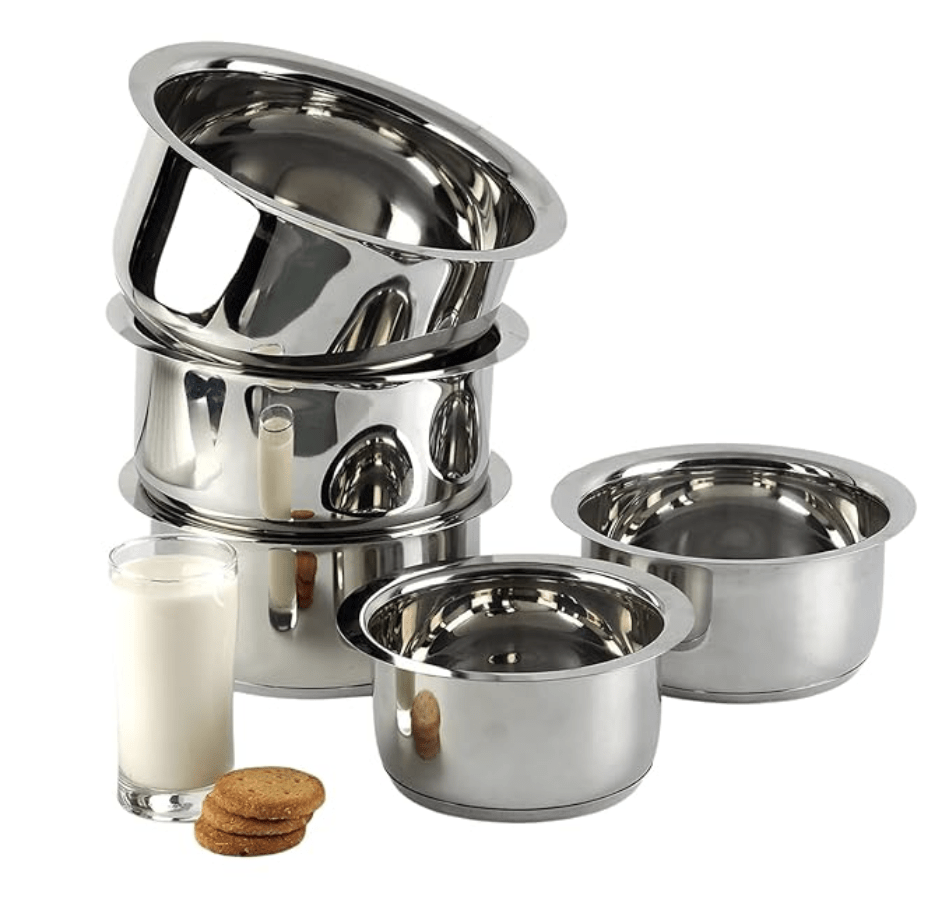 Vinod Sandwich Bottom Stainless Steel Tope Set of 5,without lid, 0.8, 1, 1.4, 1.8 and 2.2 litres, Patila/Bhagona Set, Induction & Gas Base,2 Year Warranty