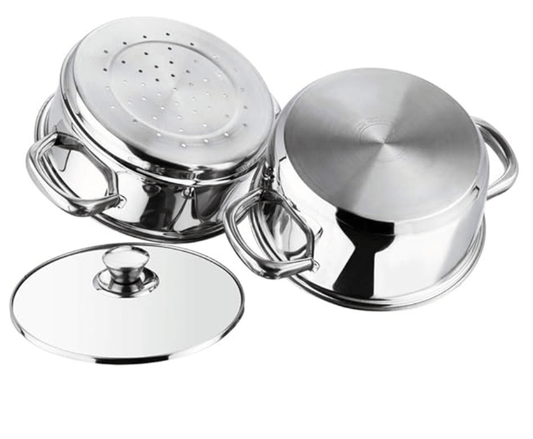 Vinod Stainless Steel Steamer 2 Tier with Glass Lid 20 cm | 2.5 mm Thick Base | Multi Purpose Momos, Modak Maker Steamer | Induction and Gas Base | 2 Year Warranty - Silver