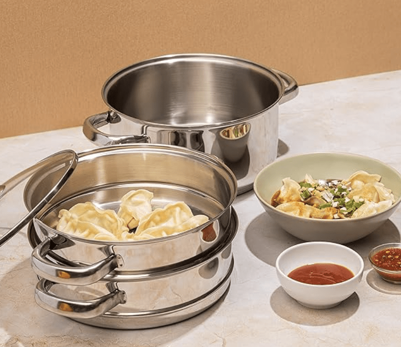 Vinod Stainless Steel Steamer 3 Tier with Glass Lid 24 cm | 2.5 mm Thick Base | Multi Purpose Momos, Modak Maker Steamer | Induction and Gas Base | 2 Year Warranty - Silver