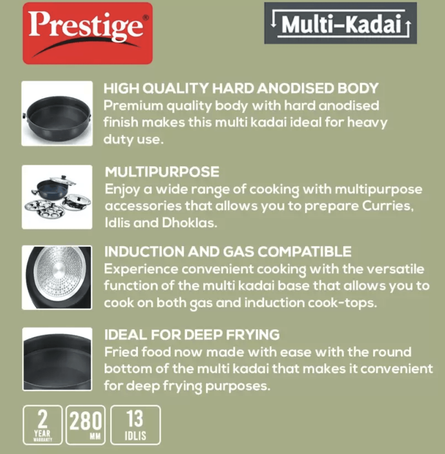 Prestige multi Kadhai 28 cm diameter with Lid 4.5 L capacity (Hard Anodised, Induction Bottom)