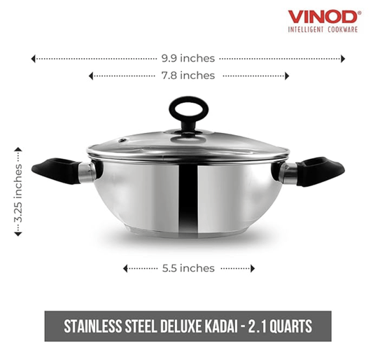 Vinod Stainless Steel Deluxe Kadhai with Glass Lid - 1.5 litre, 20cm | Extra Thick, SAS Bottom | Soft Handle | Kadai for Cooking | Induction Base | 2 Year Warranty - Silver