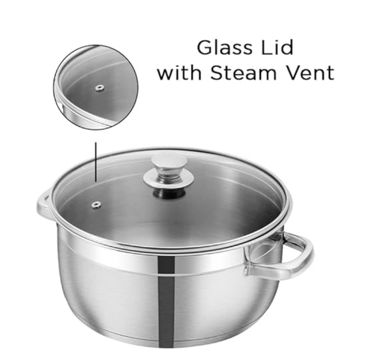 Vinod Bremen Stainless Steel Sauce pot with Glass Lid - 1.5 litre, 16 cm | 2.5mm Thick Base | Riveted Sturdy Handle | 2 Year Warranty | Induction and Gas Base - Silver