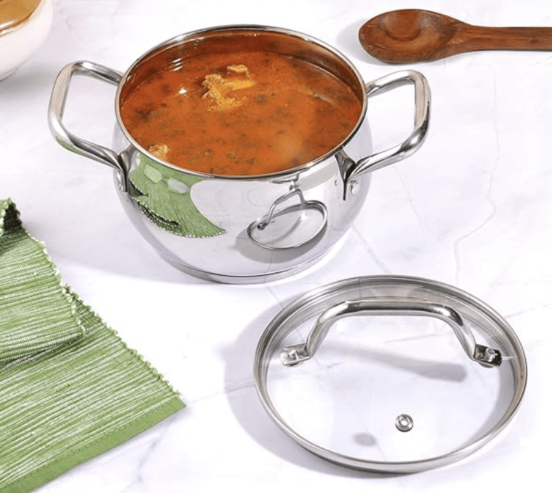 Vinod Almaty Stainless Steel Saucepot with Glass Lid 2 litre, 16 cm | 2.6mm Thick Base | Triply Saucepot,Sturdy Riveted Handle | 2 Year Warranty | Induction & Gas Base