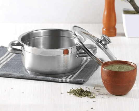 Vinod Two Tone Stainless Steel Saucepot with Glass Lid 1.5 litre, 16cm (6.2mm Thick Base) | Triply Saucepot, Sturdy Riveted Handle | 2 Year Warranty | Induction Bottom - Silver