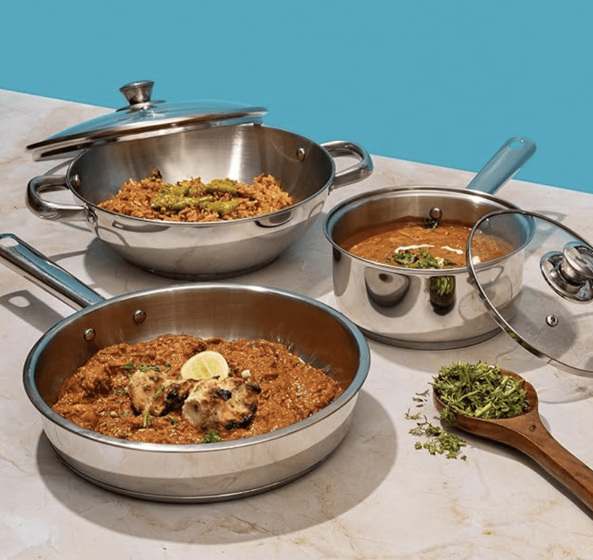 Vinod Modena Stainless Steel Cookware Set of 3 | 2.7 litre Kadhai and 1.5 litre Saucepan with Glass Lid, 24 cm Frypan | Mirror Finish | Induction Base | 2 Year Warranty