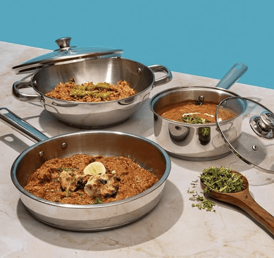 Vinod Modena Stainless Steel Cookware Set of 3 | 2.7 litre Kadhai and 1.5 litre Saucepan with Glass Lid, 24 cm Frypan | Mirror Finish | Induction Base | 2 Year Warranty
