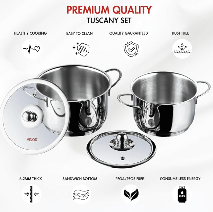 Vinod Tuscany Stainless Steel Cookware Combo Set of 2 with Glass Lid | Saucepot 2,2.8 Ltr & Saucepan 1.3 ltr | 5mm Thick, Extra Deep | Induction Base | 2 Year Warranty