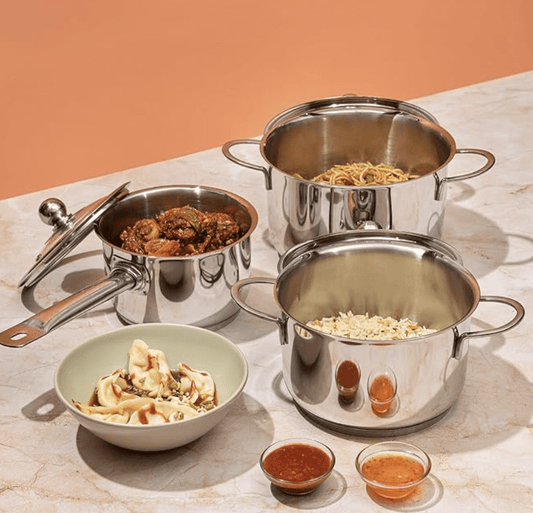 Vinod Tuscany Stainless Steel Cookware Combo Set of 3 with Glass Lid | Saucepot 2,2.8 Ltr & Saucepan 1.3 ltr | 5mm Thick, Extra Deep | Induction Base | 2 Year Warranty