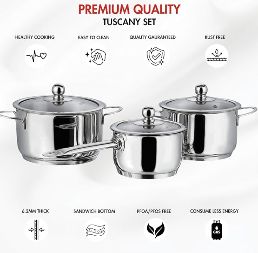 Vinod Tuscany Stainless Steel Cookware Combo Set of 3 with Glass Lid | Saucepot 2,2.8 Ltr & Saucepan 1.3 ltr | 5mm Thick, Extra Deep | Induction Base | 2 Year Warranty