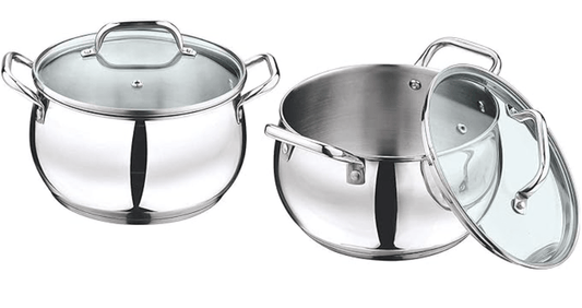 Vinod Almaty Stainless Steel Saucepot Set of 2 with Glass Lid | 1.3 and 2 Litre | 2.6mm Thick Base | Sturdy Riveted Handle | 2 Year Warranty | Induction & Gas Base - Silver