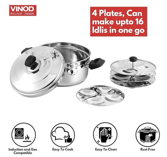 Vinod Classic Stainless Steel Idli Maker Cooker - 4 Deeper Plates (16 Idlis) / Idli Steamer / Idly Stand / Plump Fluffy Idlies / SAS Bottom / Induction & Gas Base - 2 Year Warranty