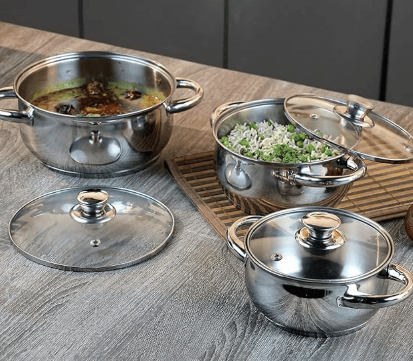 Vinod Milano Stainless Steel Saucepot Combo Set of 3 with Glass Lid | 1, 1.5 and 2 litre | Biryani Pot | SAS Bottom | Riveted Handle | Induction & Gas Base | 2 Year Warranty