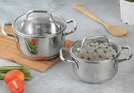 Vinod Mainz Stainless Steel Cookware set of 2 | 1.2 and 2 Litre Saucepot with Glass Lid | SAS Bottom | Biryani Pot | Induction and Gas Base | 2 Year Warranty - Silver