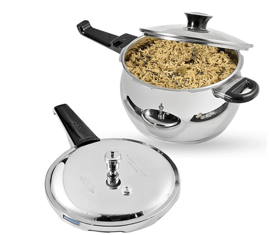 Vinod Splendid Plus Stainless Steel Pressure Cooker Outer Lid 5.5 Litre | SAS Bottom Handi Cooker | Extra Glass Lid | Induction and Gas Base | ISI and CE certified | 2 Years Warranty