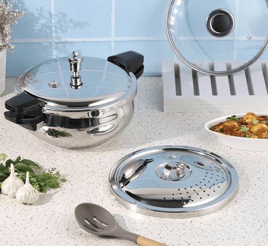Vinod Magic Stainless Steel Smart 3 in 1 Pressure Cooker 3.5 Litre | 5mm Thick Base | All in One Cooker with Strainer & Glass Lid | Induction and Gas Base | ISI certified | 2 Years Warranty