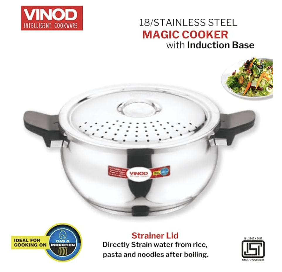 Vinod Magic Stainless Steel Smart 3 in 1 Pressure Cooker 3.5 Litre | 5mm Thick Base | All in One Cooker with Strainer & Glass Lid | Induction and Gas Base | ISI certified | 2 Years Warranty
