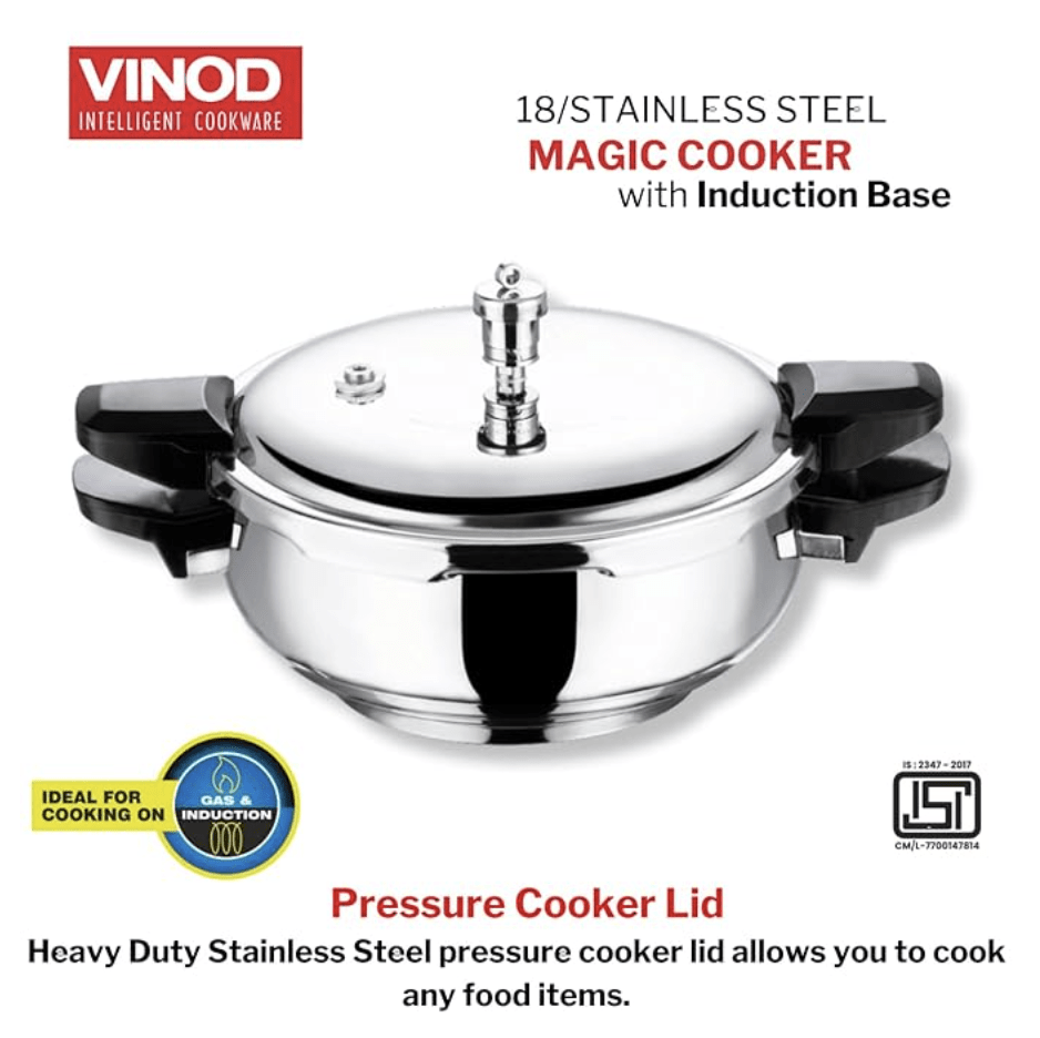 Vinod Magic Stainless Steel Smart 3 in 1 Pressure Cooker 5.5 Litre | 5mm Thick Base | All in One Cooker with Strainer & Glass Lid | Induction and Gas Base | ISI certified | 2 Years Warranty
