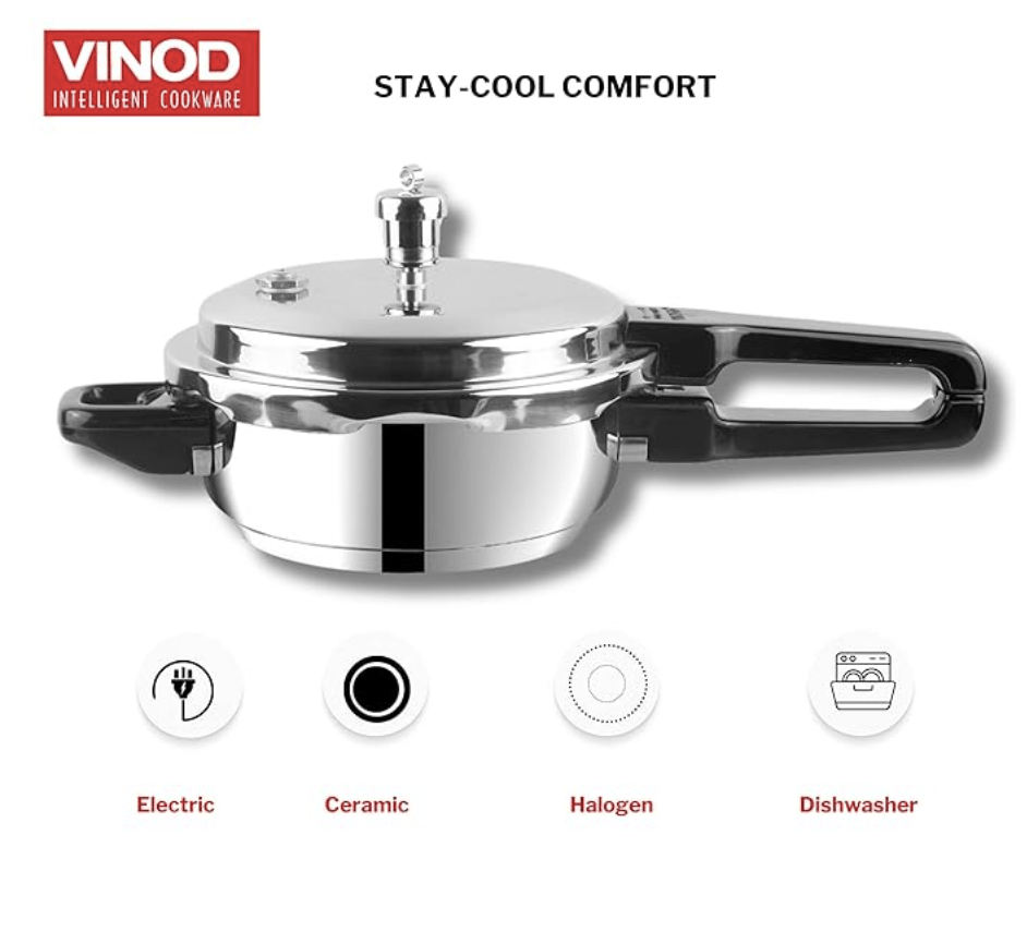Vinod Stainless Steel Pressure Cooker 2 Litres | Also use as Deep Fry pan | Sandwich Bottom | Induction and Gas Stove Friendly | 2 Years Warranty | ISI and CE certified | Silver