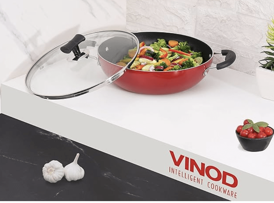 Vinod Popular Non Stick Kadai with Glass Lid 2 litres Capacity (22 cm Diameter), with Sturdy Riveted and Virgin Bakelite Handle (Induction and Gas Stove Friendly) PFOA Free, 12 Months Warranty