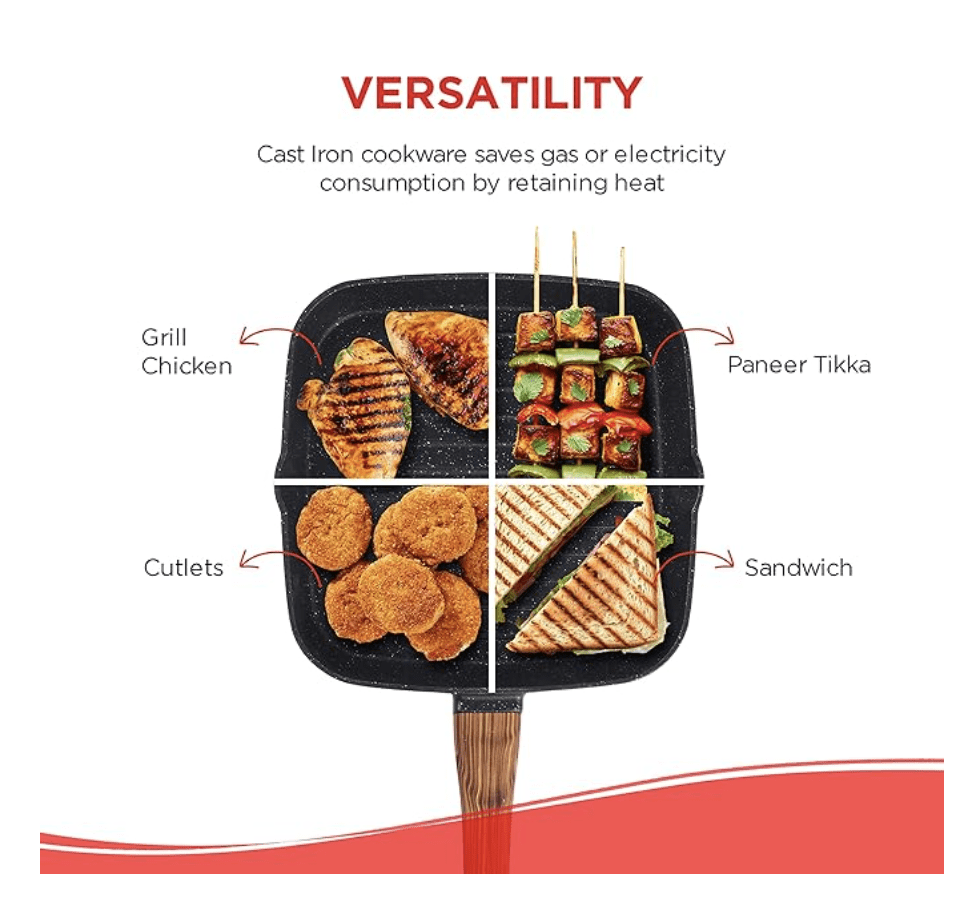 Vinod Zest Plus Die Cast Aluminium Grill Pan - 24 cm | Barbeque / Tandoori | 5mm Thick | 5 layer Coating| Wooden Finish Handle | Induction & Gas Base | 1 Year Warranty