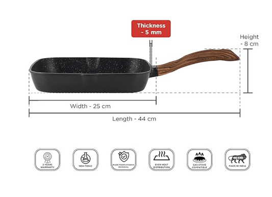 Vinod Zest Plus Die Cast Aluminium Grill Pan - 24 cm | Barbeque / Tandoori | 5mm Thick | 5 layer Coating| Wooden Finish Handle | Induction & Gas Base | 1 Year Warranty