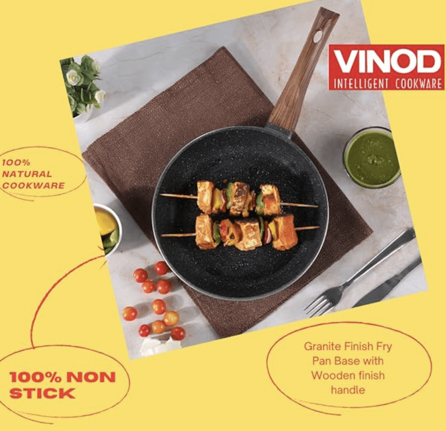 Vinod Zest Plus Die Cast Aluminium Frypan - 24 cm | Skillet Pan for Frying, Saute | 5mm Thick | 5 layer Coating| Wooden Finish Handle | Induction & Gas Base | 1 Year Warranty